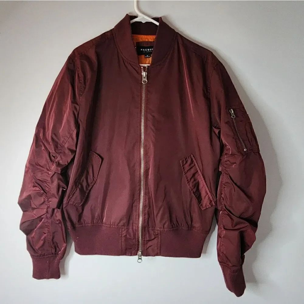 Pacsun Classic Jacket Medium Full Zipper Multi Pocket Ribbed Trim Burgundy Red
